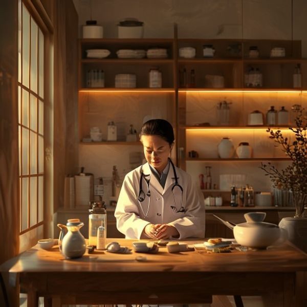 中医师在诊室内为患者把脉问诊，桌上摆放着小柴胡等中药材，暖黄灯光营造出专业温馨的中医诊疗氛围